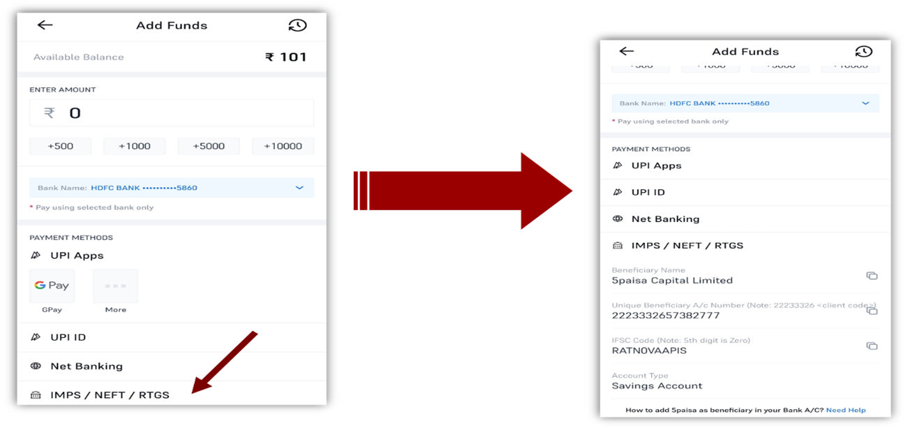 How to transfer money to my 5paisa account using IMPS, NEFT or RTGS?